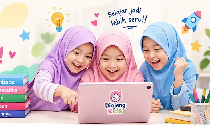 Tiga anak perempuan berhijab belajar bersama menggunakan tablet