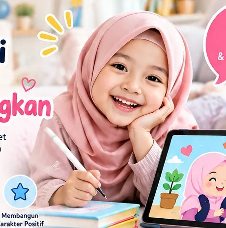 Anak perempuan berhijab tersenyum saat belajar